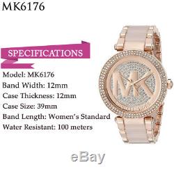 100% New Michael Kors MK6176 Parker Rose Gold Pave Crystal Logo Ladies Watch
