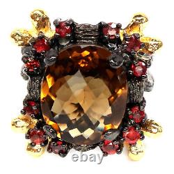 13 X 15 MM. Wishky Unheated Quartz & Red Heated Sapphire Ring 925 Silver