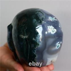 2.55LB Natural Agate Geode Skull Hand Carved Quartz Crystal Skull Reiki healing