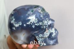 2.55LB Natural Agate Geode Skull Hand Carved Quartz Crystal Skull Reiki healing