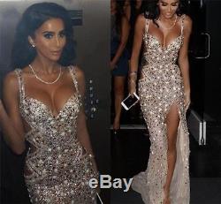 2017 Champagne Prom Evening Party Dress Spaghetti Sequins Crystal Celebrity Gown