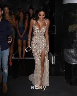 2017 Champagne Prom Evening Party Dress Spaghetti Sequins Crystal Celebrity Gown