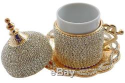 27 Pc Turkish Greek Arabic Coffee Espresso Cup Saucer Swarovski Crystal Set GOLD