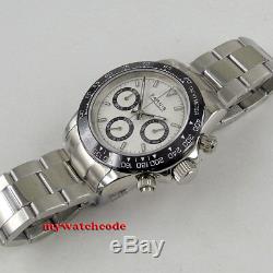 39mm PARNIS white dial sapphire glass solid full Chronograph quartz mens watch