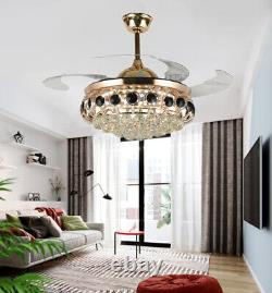42Remote Retractable Blade LED 3-Color Chandelier Crystal Invisible Ceiling Fan
