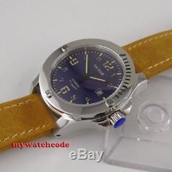 43mm PARNIS blue dial date sapphire crystal miyota 8215 automatic mens watch 997