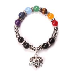 7 Chakra Gemstone Bracelet Heart Pendant Lava Stone Crystal Reiki Healing Mother