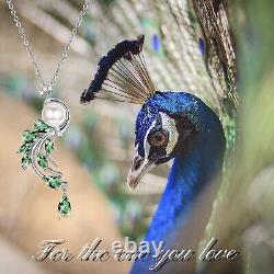 925 Sterling Peacock Necklace Pendant Crystal Chain White Pearl CZ Beautiful