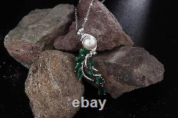 925 Sterling Peacock Necklace Pendant Crystal Chain White Pearl CZ Beautiful