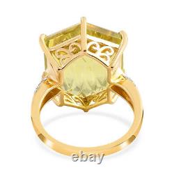925 Sterling Silver Green Gold Quartz White Zircon Cocktail Ring Size 8 Ct 16.4