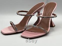 Amina Muaddi Gilda Candy Crystal Baby Pink Satin Sandal Women's Size 7 New