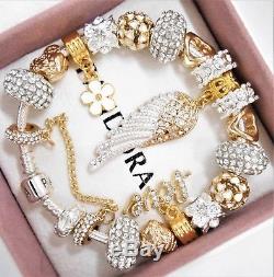 Authentic Pandora Charm Bracelet With Gold Angel Wing Crystal European Charms