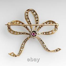 Beautiful 1.50Ct Round Cut Red Ruby Bow Knot Brooch Pin 14K Two-Tone Gold Finish
