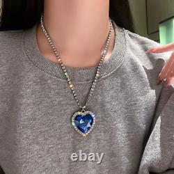 Big Crystal Heart Pendant Necklace for Women Full Rhinestone Heart of Ocean Blue