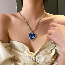 Big Crystal Heart Pendant Necklace for Women Full Rhinestone Heart of Ocean Blue
