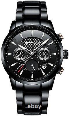 Brand Mens Business Casual Chronograph Quartz Waterproof WristWatch Black Steel