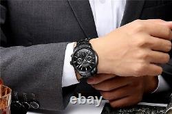 Brand Mens Business Casual Chronograph Quartz Waterproof WristWatch Black Steel