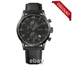 Brand New Hugo Boss 1512567 Aeroliner All Black Leather Strap Men's Watch Uk