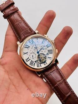 Brown Leather Antique Dial Cartier Men's Watch Quartz Movement Fully Automatic