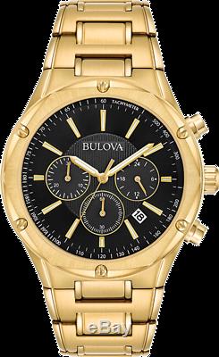 Bulova Men's Quartz Chronograph Black Dial Gold-Tone Bracelet 43mm Watch 97B161