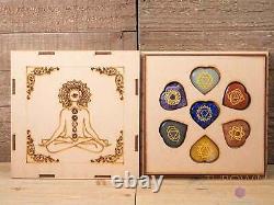 CHAKRA Crystals in Crystal Grid Board Wooden Box, Buddha Yoga Self Care, E1754