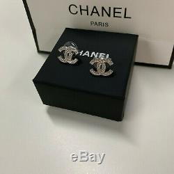 CHANEL CC Classic Stud Earrings Crystal & Silver tone NEW