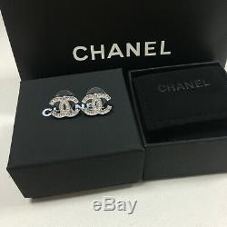 CHANEL CC Classic Stud Earrings Crystal & Silver tone NEW
