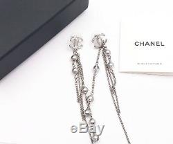 Chanel Brand New Silver CC Grey Bead Long Chain Piercing Earrings
