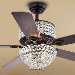 Crystal Chandelier Ceiling Fan 52in 4 Blade 3 Light Wood Blades with Black Finish