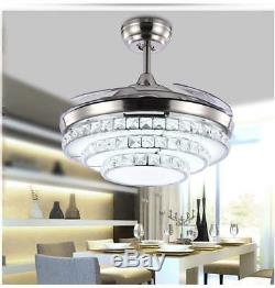 Crystal Invisible Ceiling Fan Light LED Chandelier Silver Fan Lamp +Remote 42