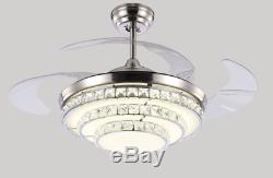 Crystal Invisible Ceiling Fan Light LED Chandelier Silver Fan Lamp +Remote 42