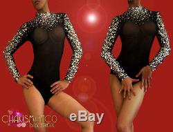Crystal embellished black long sleeve mockneck leotard style body stocking