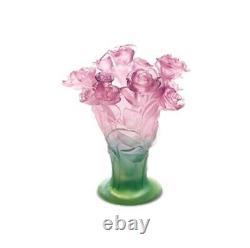 DAUM Roses Green and pink medium vase 02570 FRANCE CRYSTAL GLASS Brand New