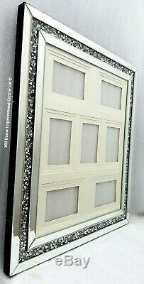 Diamond Crush Crystal Sparkly 7 Picture Photo Frame Silver Mirrored Wall Hung