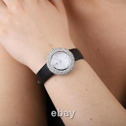EON 1962 Crystal Swiss Movement Watch in Sterling Silver Black Leather Strap
