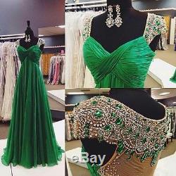 Emerald Green Chiffon Evening Dresses Formal Crystal Long Party Prom Bridal Gown