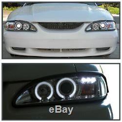 For 1994-1998 Ford Mustang Crystal Clear Lens LED Halo Projector Headlights Pair