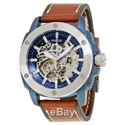Fossil Men's Automatic Watch Blue Ion Plated Steel Brown Leather ME3135