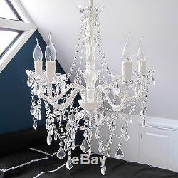 French Provincial Vintage CHANDELIER 5 Light White with Glass Crystals &Bobeches