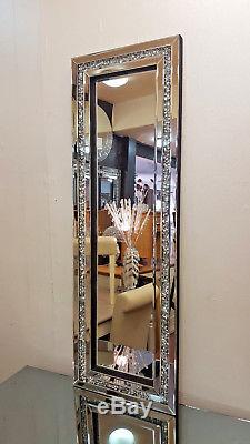Gatsby Crushed Diamond Crystal Glass Silver Frame Bevelled Wall Mirror 120x40cm