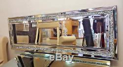 Gatsby Crushed Diamond Crystal Glass Silver Frame Bevelled Wall Mirror 120x40cm