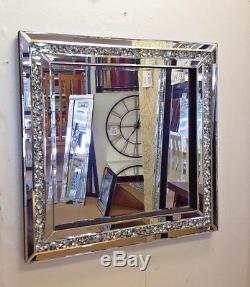 Gatsby Crushed Diamond Crystal Glass Silver Frame Bevelled Wall Mirror 60x60cm