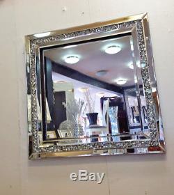 Gatsby Crushed Diamond Crystal Glass Silver Frame Bevelled Wall Mirror 60x60cm