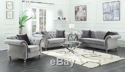 Glamorous Silver Velvet Crystal Tufted Sofa Love Seat Living Room Furniture Set