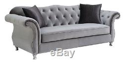 Glamorous Silver Velvet Crystal Tufted Sofa Love Seat Living Room Furniture Set