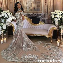 Gorgeous Crystals Chapel-Train Wedding Dress Long Sleeve Mermaid Bridal Gown New