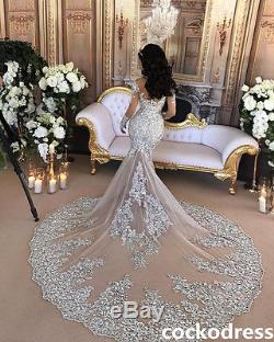 Gorgeous Crystals Chapel-Train Wedding Dress Long Sleeve Mermaid Bridal Gown New
