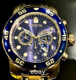 Invicta Mens PRO DIVER SCUBA Chronograph Blue Dial 18K Gold Bracelet Watch 0073