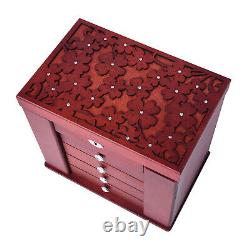 Jewelry Box Burgundy Wooden Carved Flower Crystal 5 Tier Large Mirror Key Lock