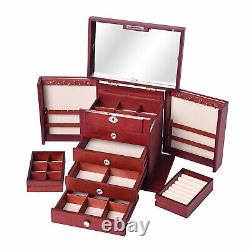 Jewelry Box Burgundy Wooden Carved Flower Crystal 5 Tier Large Mirror Key Lock